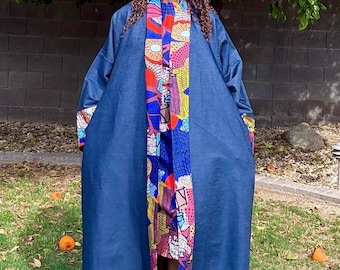 Dee African Print Jacket With Soft Denim Long Ankara Duster For Women XS - Plus Sizes