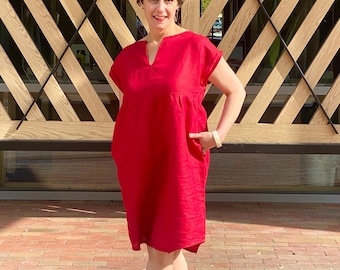 Handmade Linen Midi Dress For Summer, Red Empire Waist Dress For Women