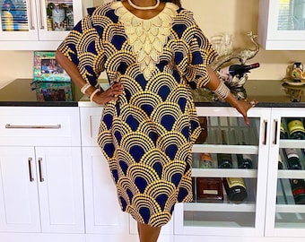 Tia African Print Dress, Kaftan Dress With Inner Ties, XS-Plus Sizes
