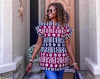 Kim Women’s Top Ankara Clothing For Women African Blouse Kaftan Tops Summer Cotton Top with Side Slits XS-Plus Sizes