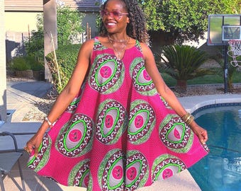 Bisi African Print Dress- Pink and Green Ankara Clothing,  XS-Plus Sizes Available
