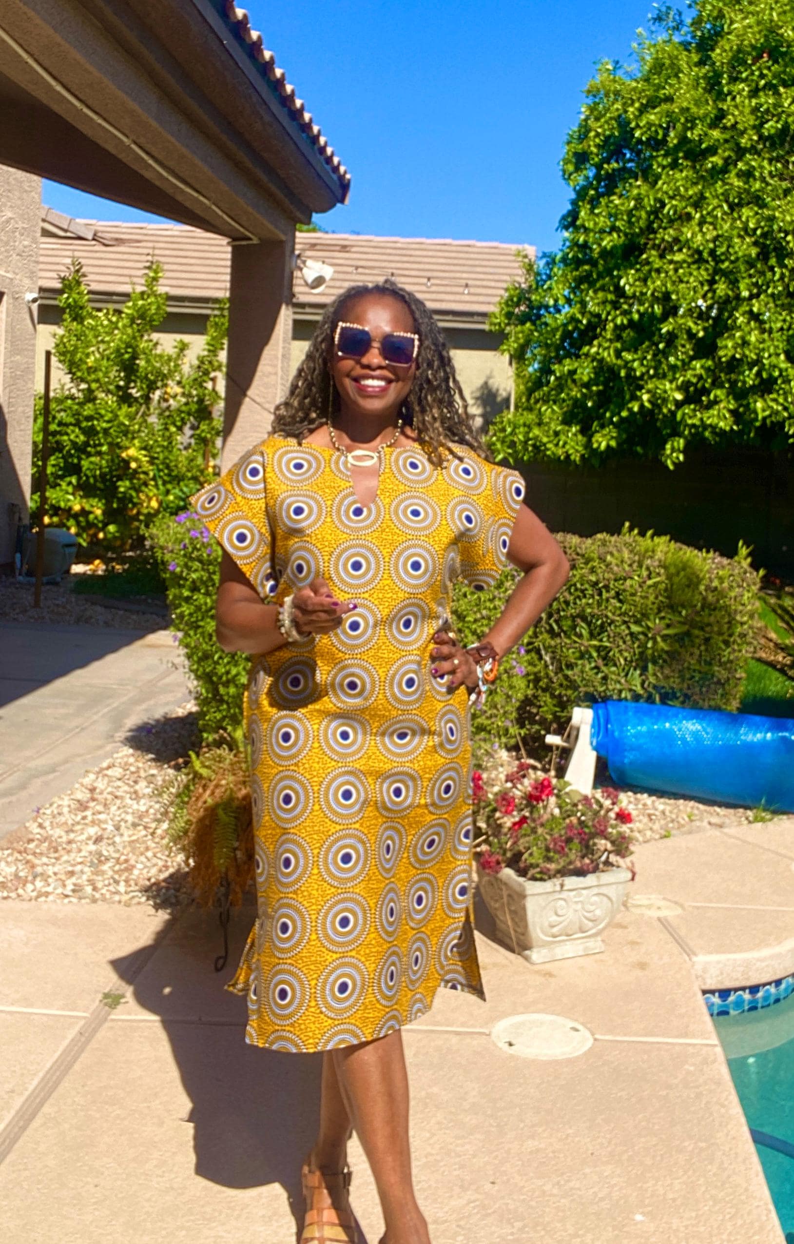 Yellow African Print Midi Dress, Ankara Wax Fabric