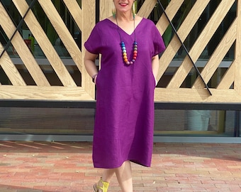 Purple Linen Tunic Dress: Loose Fit with Pockets US XS-L