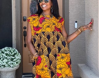 Ana African Print Top Ankara Clothing For Women Kaftan Tops Summer Cotton Top With Patch Pockets XS-Plus Sizes