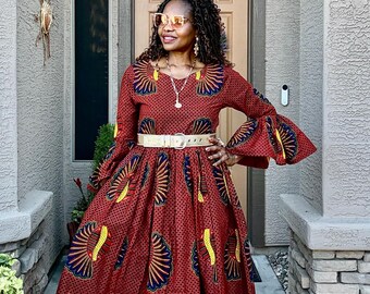 Nelly African Print Cotton Midi Dress, Long Sleeves, Flare Skirt, Brown Yellow Print XS-Plus Sizes
