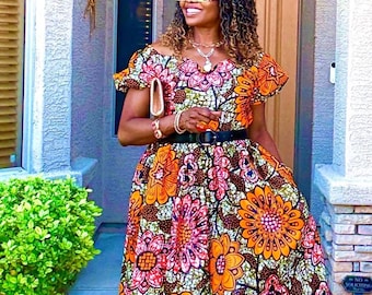 Ora African Print Midi Dress, Fit Flare Ankara Clothing, Cotton Sweetheart Neckline, Flare Sleeves XS - Plus Sizes