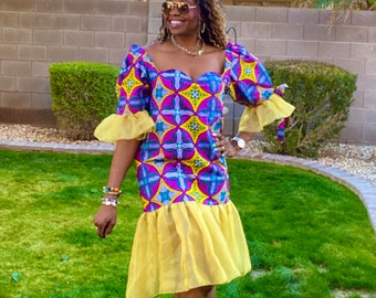 Tina African Print Dress, Purple Midi Outfit For Women
