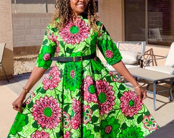 Jen Women's Midi Cotton Dress - Fit And Flare African Print Modest Outfit Green and Pink  XS-Plus Sizes