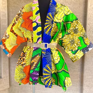 Sisi African Tops Orange and Green Patchwork African Print Kimono Jackets,  XS-Plus Sizes