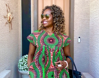 Blusa tipo caftán informal holgada con estampado africano de Iffy Ankara para mujer, disponible en colores naranja y verde, tallas XS-3XL.