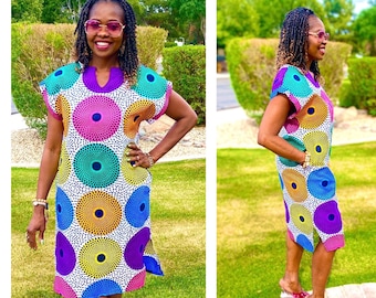 Mali Ankara Clothing African Print Cotton Dress Handmade Women's Midi Dress with Pockets, XS-Plus Sizes