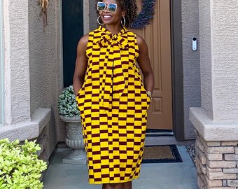 Tolu African Print Dress Ankara Clothing for Women African Midi Dresses with Pussy Bow Tie XS- Plus Sizes Available