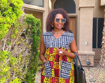 Ana African Print Top Ankara Clothing For Women Kaftan Tops Summer Cotton Top With Patch Pockets XS-Plus Sizes