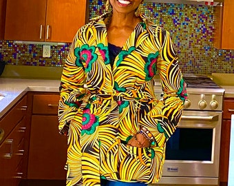 Katie Veste imprimée africaine avec poches de patch Top Kimono africain Veste Femmes
