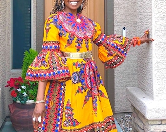 Tia Orange Ankara Midi Dress, African Print, Fit and Flare, Peplum Sleeves (XS-Plus Sizes)