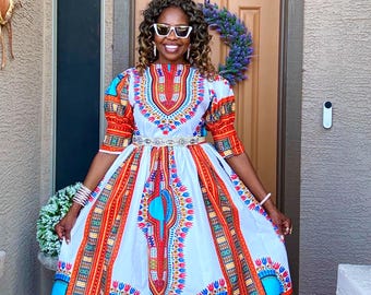White Dashiki Women's Dress, Handmade Midi African-Inspired Cotton Dress XS-Plus Sizes