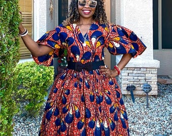 Jazz African Print Dress - Brown Ankara Midi Dress For Women