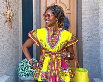 May Dashiki Women’s Top Ankara Clothing African Blouse Peplum Tops for Women Yellow Summer Cotton Top   Top XS-Plus Sizes