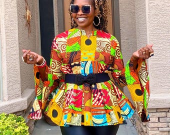 Katie Women's Blouse African Print Top, Long Sleeves Yellow Top Neck Tie Cotton Blouse XS - Plus Sizes