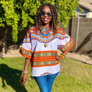 Jane Ankara Kaftan Top: African Dashiki Print Cotton Blouse with Side Slits