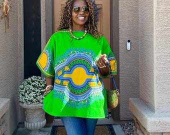 Jane Ankara Kaftan Top: African Dashiki Print Cotton Blouse with Side Slits XS- Plus Sizes