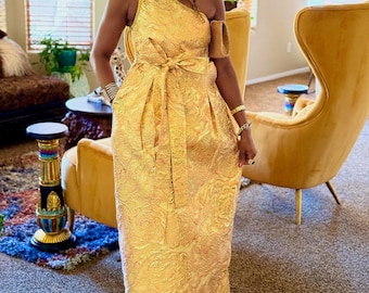 Gold Brocade Maxi Dress: Elegant African Wedding Guest Gown