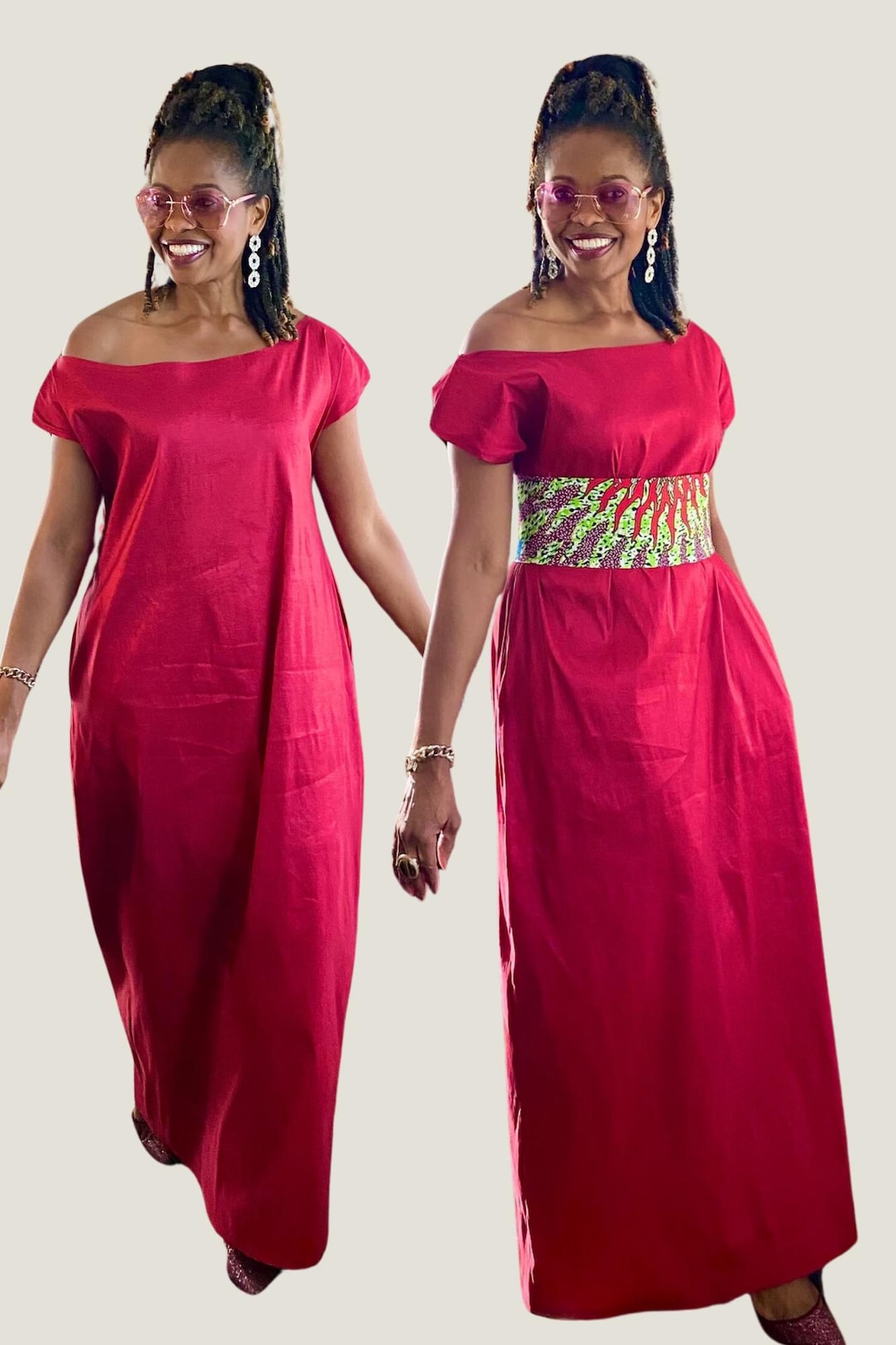 Red African Print Dress With Sash, Ankara Clothing Maxi Dress Women ...