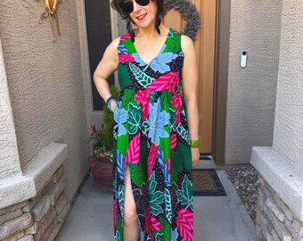 Sherry Maxi Dress, Women's Cocktail Dress, Sleeveless Cotton Green Pink Summer Outfit For Women, XS-Plus Sizes