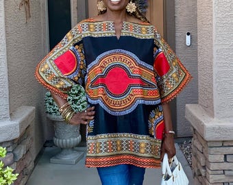 Jane Ankara Kaftan Top: African Dashiki Print Black Cotton Blouse with Side Slits Sizes US XS-Plus Sizes