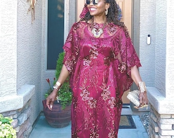 Burgundy Lace Kaftan Dress: Nigerian Sequin Bubu, Plus Size Available