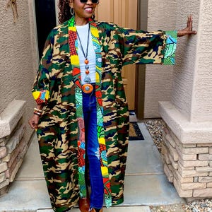 Jessie Kimono, Kimono Robe, African Kimono Jacket w Pockets Women Camouflage Jackets Long Jackets Woman