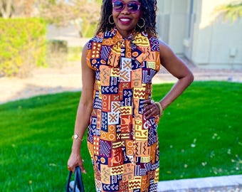 Ona African Print Dress- Ankara Midi Dress Cotton Bow Tie Neck Traditional Women’s Clothing, XS- Plus Sizes