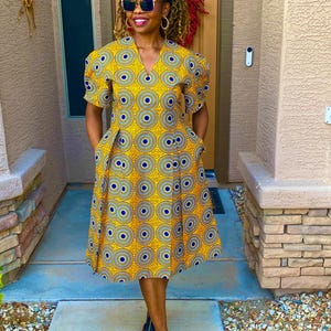 Pea African Print Dress Yellow Fit and Flare Ankara Dress XS-Plus Sizes