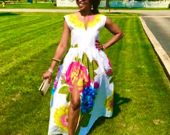 Floral Maxi Dress, White African Print, Summer Party Dress
