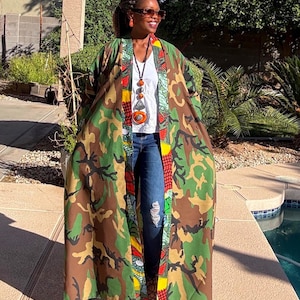 Camouflage Kimono Robe, African Print Trim, Long Jacket with Pockets