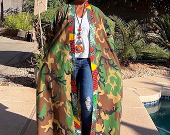 Camouflage Kimono Robe, African Print Trim, Long Jacket with Pockets