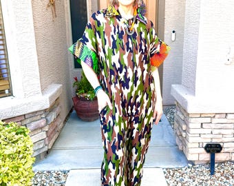 Zoe Jumpsuit, Women's Jumpsuit With African Print Trim, Unisex Handmade Jersey, Green And Brown, XS-Plus Sizes