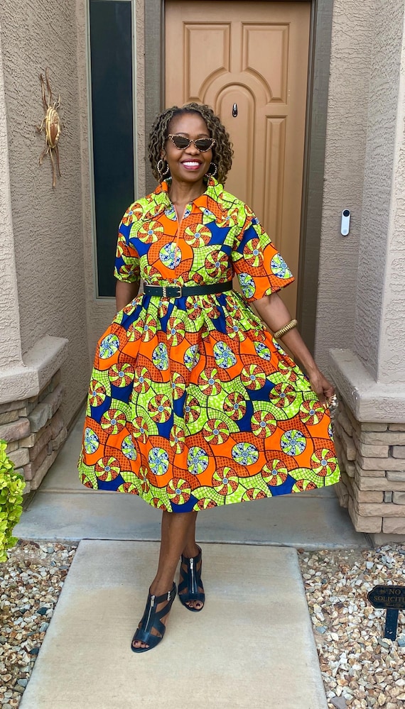 Knee Length Short Sleeve Collared Dress African Dress For Women- Plus Size  Available, Sue Dress