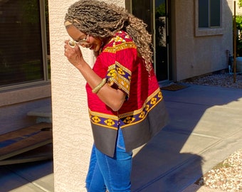 Hauts africains pour femmes Vêtements africains Blouses africaines en coton rouge Tops Ankara courts col en V Blouse Ankara pour femmes Hauts d'été Haut en rubis