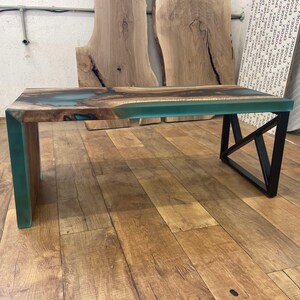 Waterfall river table made of Walnut wood and turquoise epoxy resin Blue coffee table Finished with Osmo wax oil Epoxy/ image 3