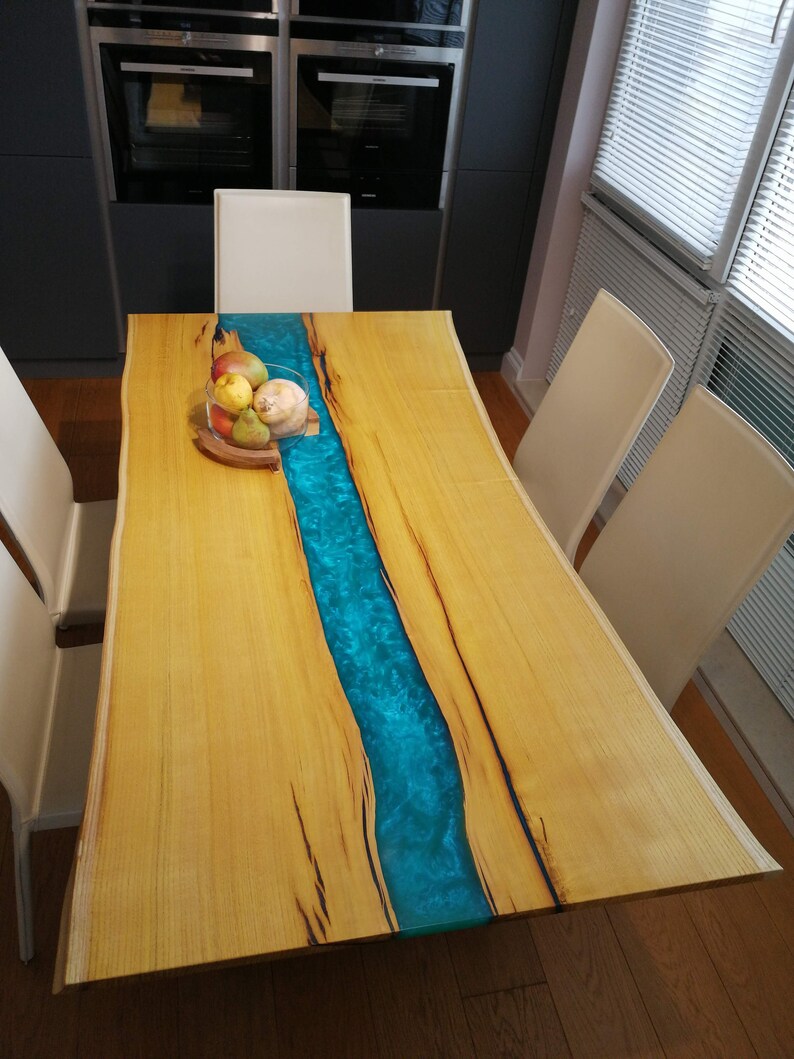 Live edge Dining River Table//Made of Mulberry and Turquoise Etsy