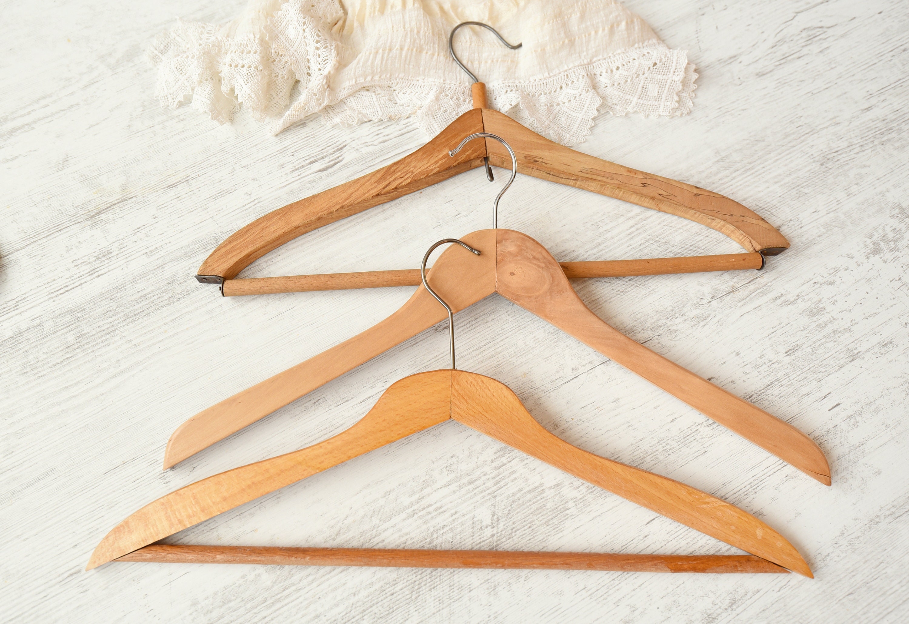 Set of 3 Vintage Wooden Clothes Hangers//metal Hooks//rustic