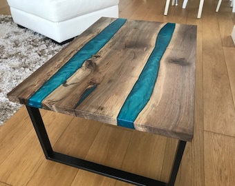 Epoxy river table made of walnut wood and turquoise resin river coffee table Finished with Osmo wax oil Vintage Rustic Live edge table