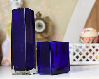Vintage Set of 2 cobalt blue glass vases/Blue glass old vase/Blue glass demijohn /Antique glass bottle// Home decor vase // Rare unique vase