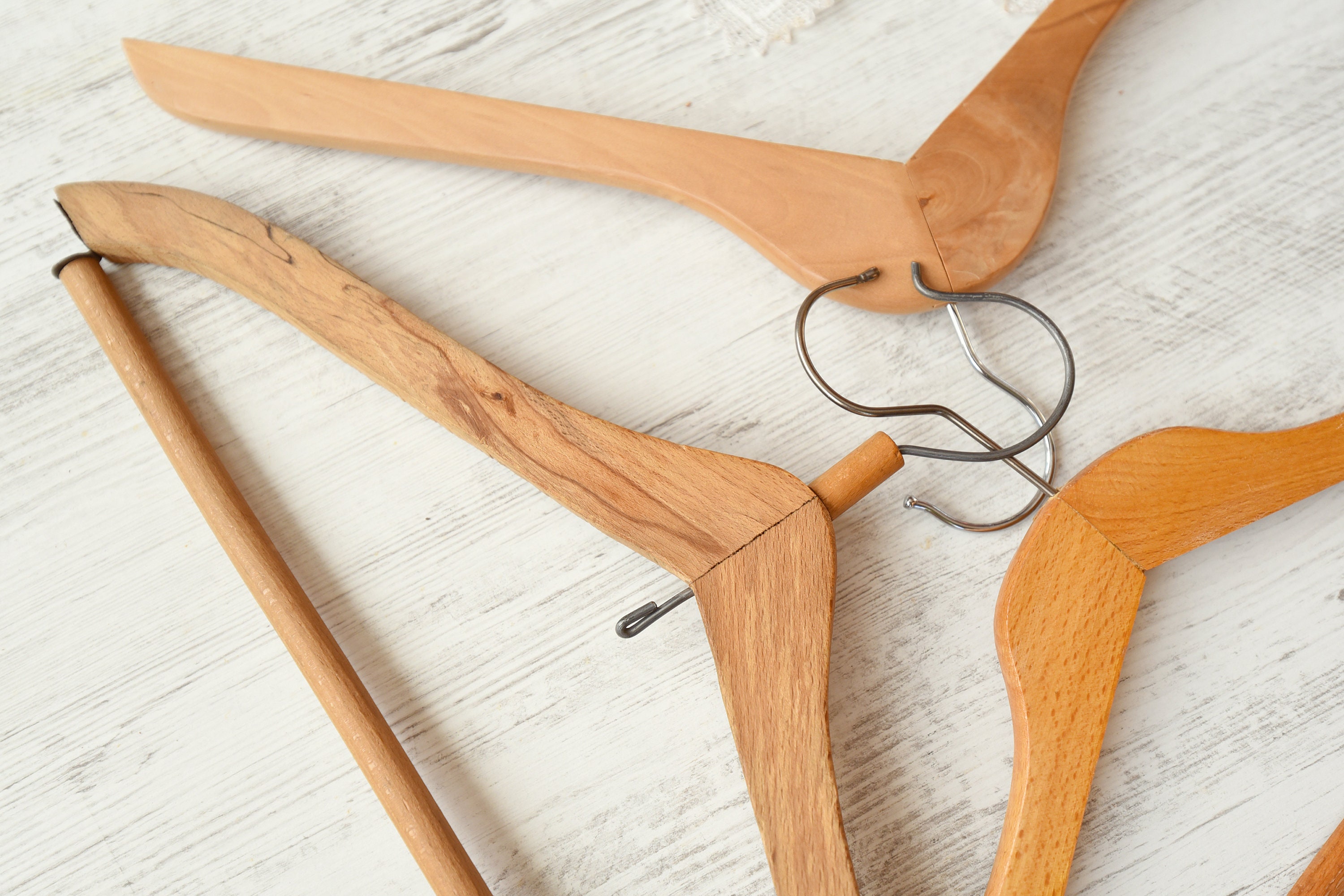 Set of 3 Vintage Wooden Clothes Hangers//metal Hooks//rustic