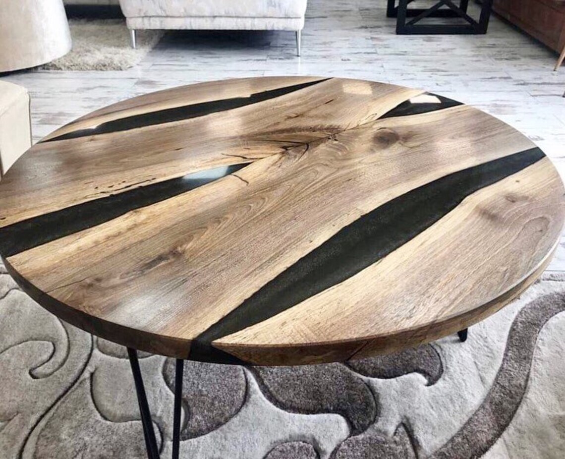 Round epoxy resin walnut/coffee river table black live Etsy