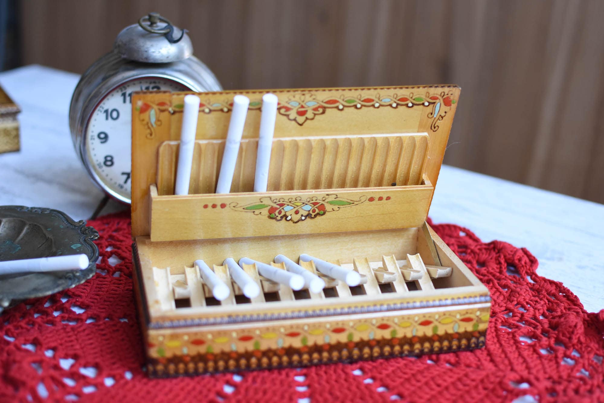 Vintage Wooden Cigarette Box// Handmade Wooden Box//Cigarette case box//old Cigarette Box from '70s.//Unique hand-painted cigarette case