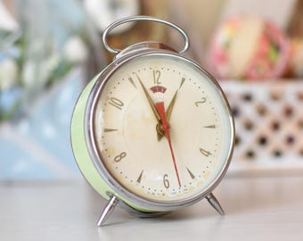 Vintage Serkisof Mechanical Alarm Clock, Green Metal Twin Bell