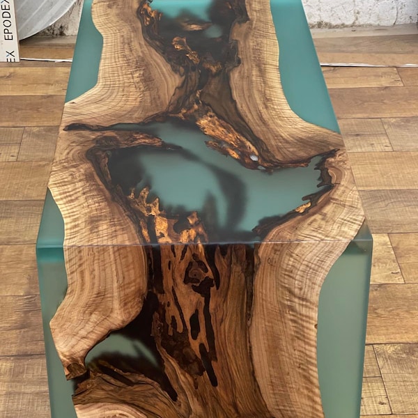 Waterfall river table made of Walnut wood and turquoise epoxy resin Blue coffee table Finished with Osmo wax oil Epoxy/