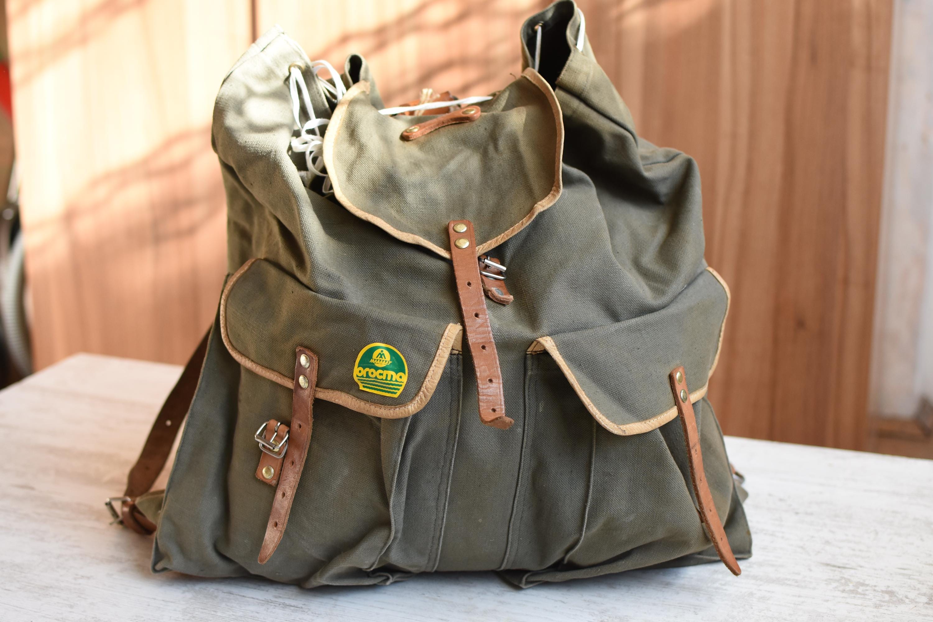 Vintage large canvas & Khaki camel  large Backpack silver tone studs & hardwares Vintage Canvas Backpack: Large Leather Travel Daypack - Etsy main image 4